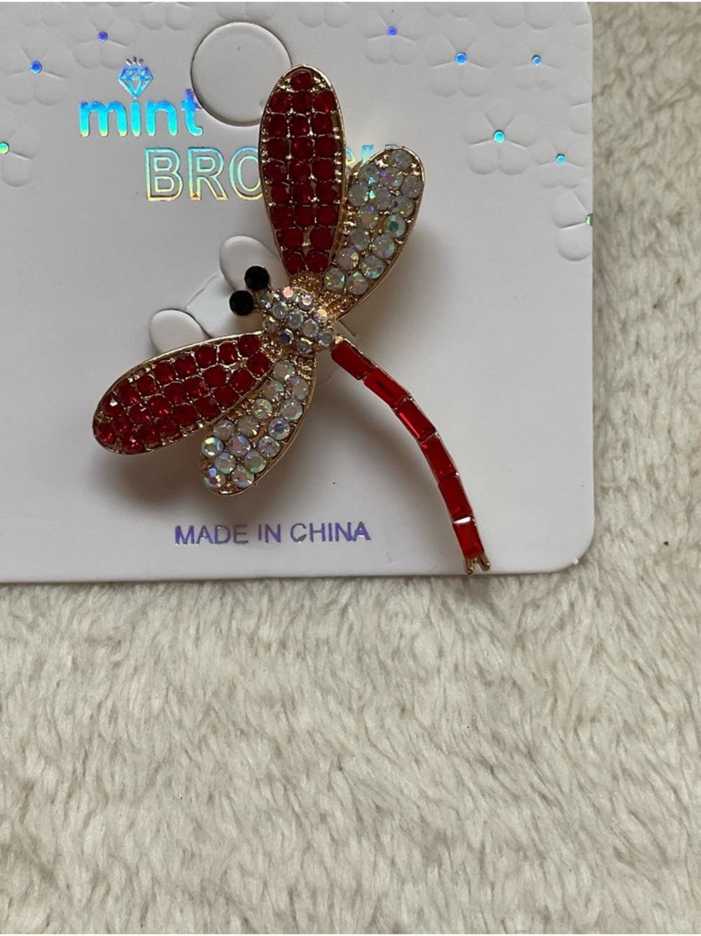 Mint Red and Iridescent Dragonfly Brooch